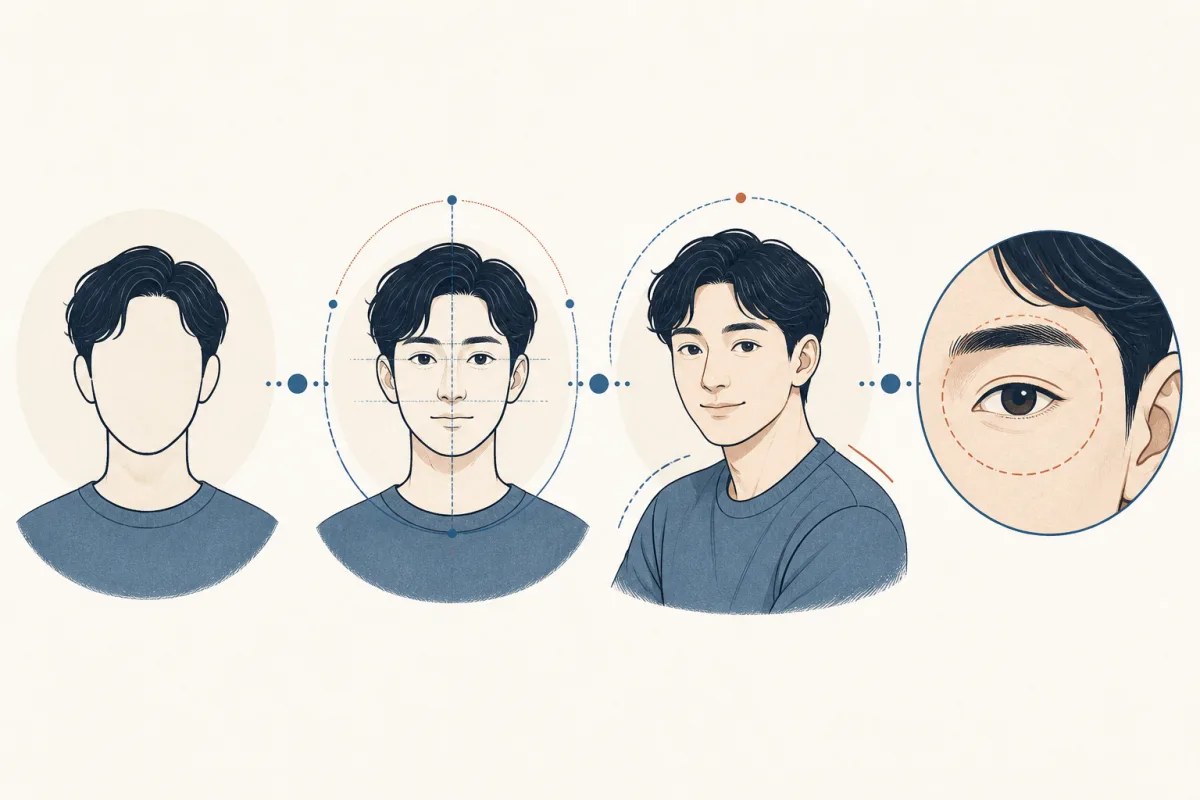 얼굴은 전체 윤곽에서 시작해 표정과 자세를 본 뒤, 세부 부위로 시선을 옮깁니다.