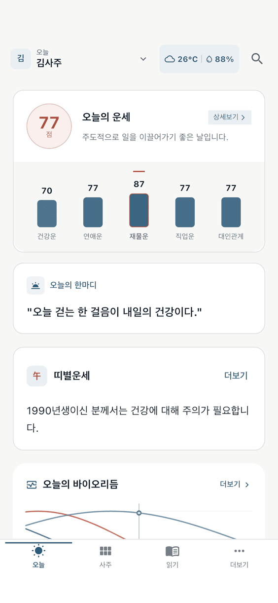천점사주 오늘의 운세 화면